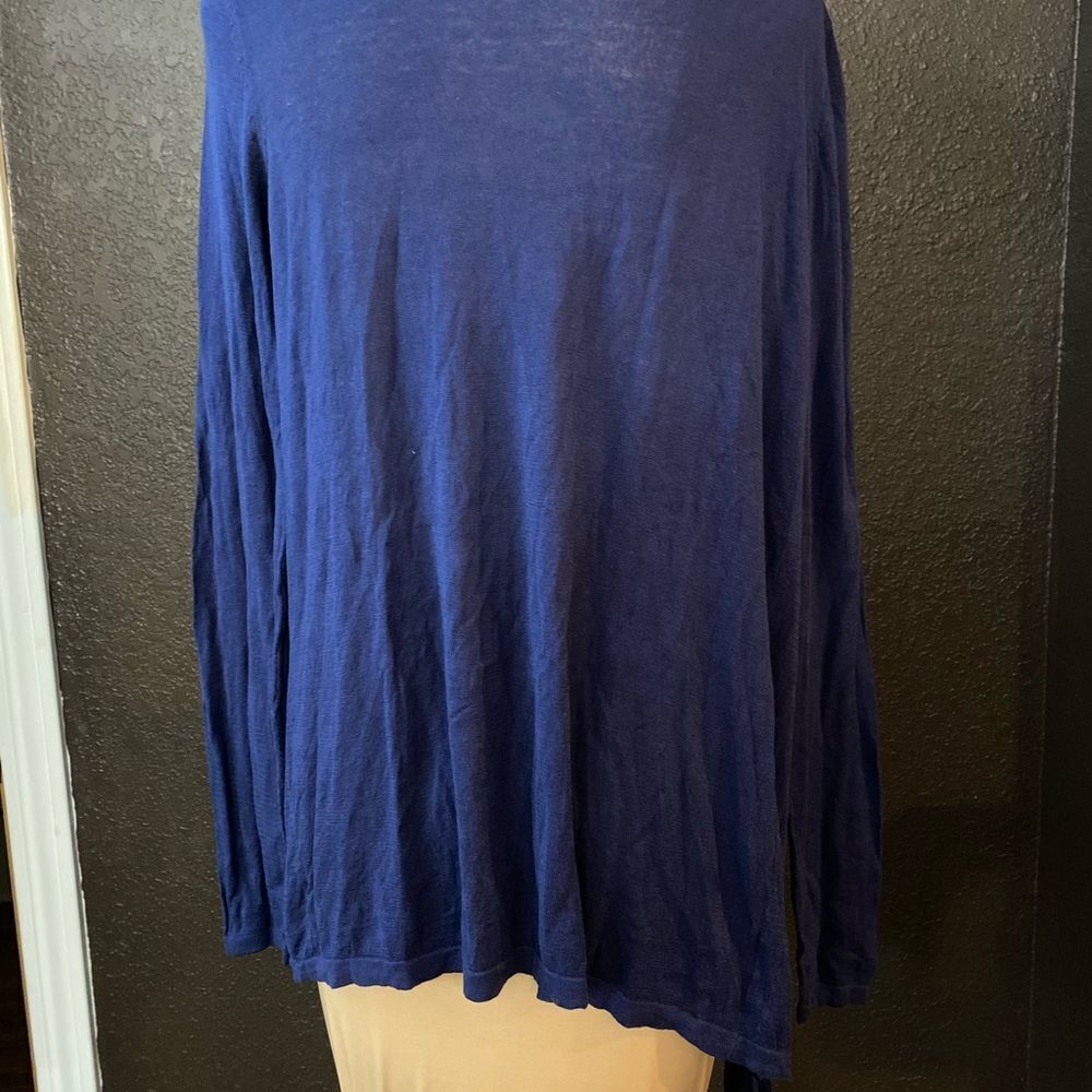 Ann Taylor navy academia ruffle shawl collar open front fine knit silk cardigan - Picture 5 of 7